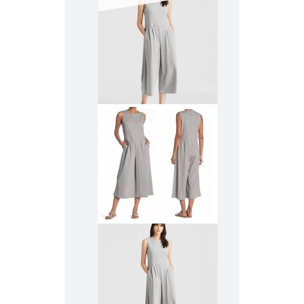 Eileen Fisher Organic Sm P Moon Cotton Gray Knit Wide-Leg Cropped Jumpsuit $278